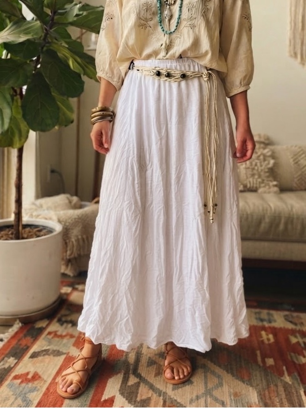 AB Studio White Boho Chic Beachy Maxi Skirt with Ivory Belt Accent
